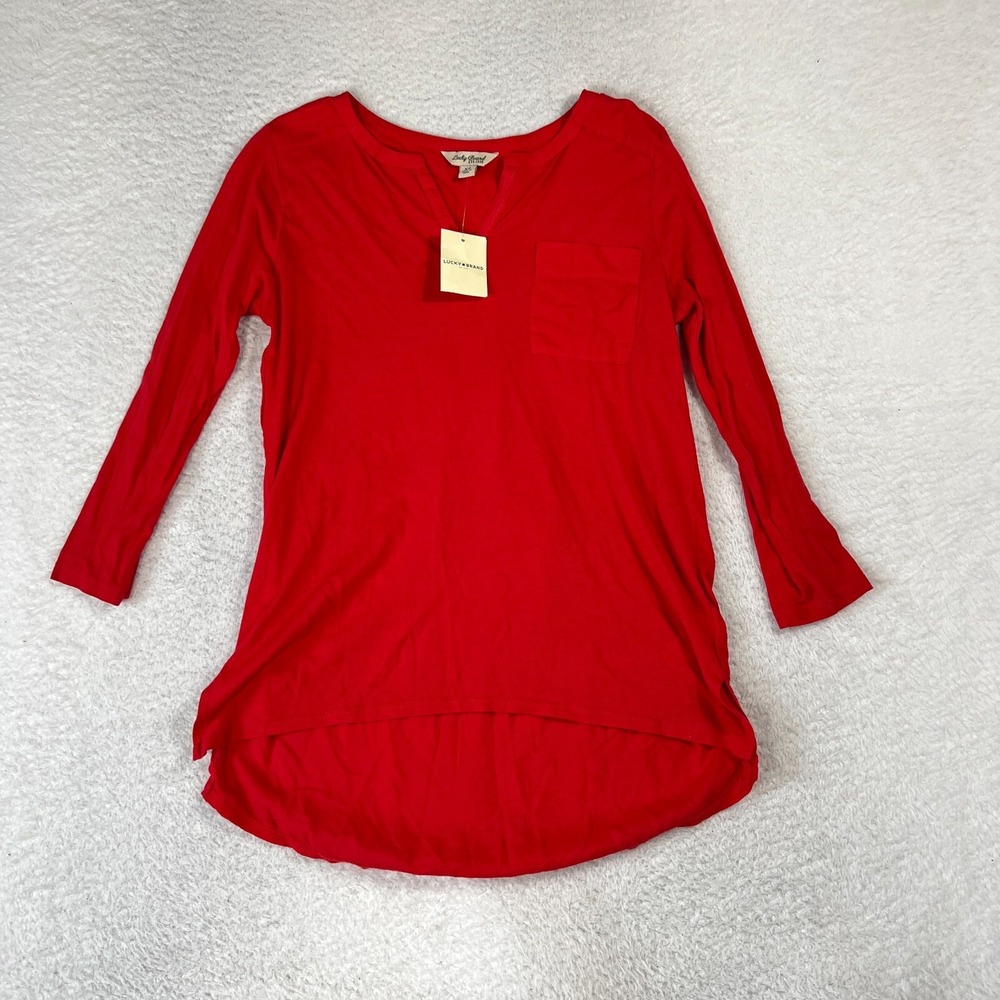 Lucky Brand Womens XS Red V-Neck Long Sleeve Tunic Blouse Boho Cotton 7W62173